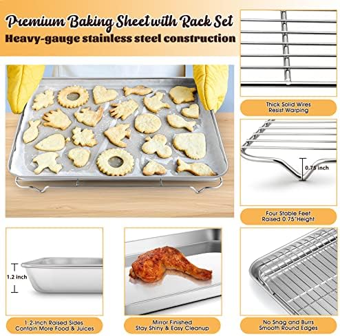 Large Baking Sheet with Rack Set, E-far 20”x14” Stainless Steel Cookie Sheet Pan for Oven Cooking Roasting, Rimmed Metal Tray with Wire Cooling Rack for Bacon Meat Steak - Dishwasher Safe