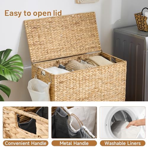 Laundry Hamper with Wheels, 52.8 Gallon(200L) Water Hyacinth Laundry Basket with Lid, 3-Section Wicker Clothes Hamper with 3 Removable Liners, Laundry Sorter with Side Pocket, Natural