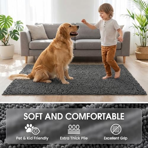 Super Absorbent Dog Door Mat for Muddy Paws, 72"x48" Dirt Trapper Non-Slip Chenille Mat for Mud Dogs, Machine Washable Quick Dry Indoor Entryway Rug,Daek Grey