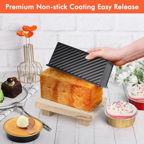 Beasea Pullman Loaf Pan with Lid, 2 Pack 0.5 lb Small Non-Stick Bread Loaf Pans Carbon Steel Mini Bread Toast Box for Homemade Bread Toast Oven Baking - Black