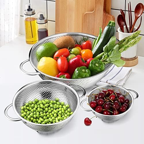 E-far Stainless Steel Colander Set of 3 (1-3-5Quart), Micro-Perforated Metal Colander Strainer with Handle for Kitchen/Draining Pasta/Rinsing Vegetables Fruits, Heavy Duty & Dishwasher Safe
