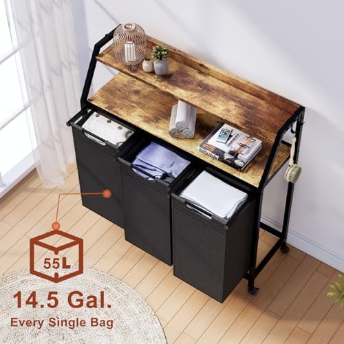 Timberer Laundry Hamper, Laundry Sorter 3 Section, Rolling Laundry Basket with Wheels, 2 Shelves, 3 × 14.5 Gal, Pull-Out and Removable Oxford Fabric Bags, for Laundry Room, Black and Rustic Brown