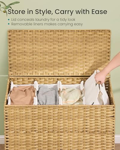 SONGMICS 4-SectionLaundry Hamper With Lid, PE Rattan, 55.5 Gallons (210 L)
