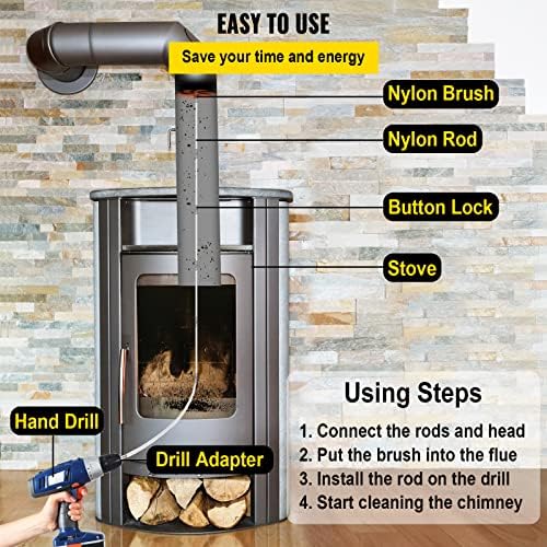 VEVOR Chimney Sweep Kit 26FT - Drill-Powered Brush with 8 Nylon Rods, Flexible Cleaning Tool for Fireplace & Flue