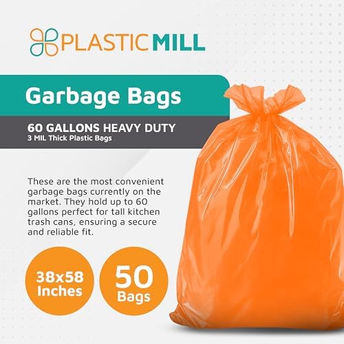 PlasticMill Heavy Duty Trash Bags, 50-60 Gallon, 3 Mil, Black, 50-Count