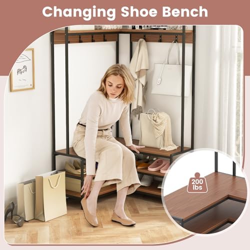 GIANTEX Corner Coat Rack, L-Shaped Hall Tree with Bench and Shoe Storage