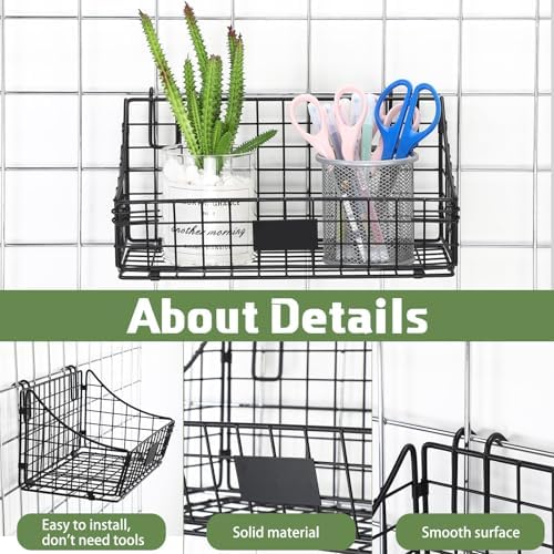 Blulu 4 Pcs Grid Wall Baskets, Wire with Hooks for Hanging, 11 x 6 x 5 Inch