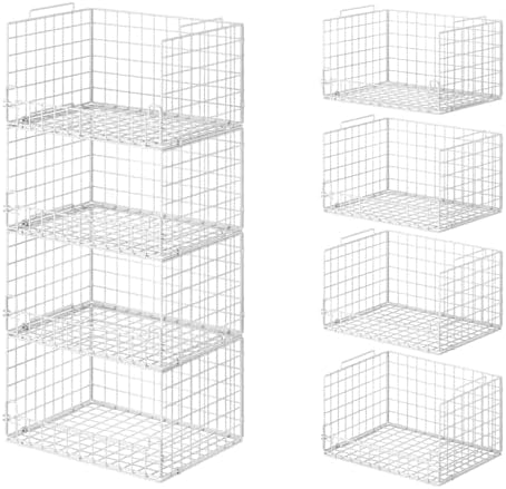 4-Tier Stackable Closet Organizers and Storage Basket - Foldable Closet Shelf Organizer System, Sturdy Metal Space-Saving Clothes Storage Bins for Wardrobe, White