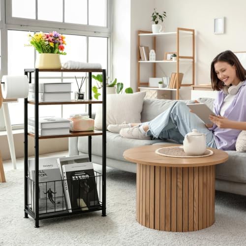 Freestanding Toilet Paper Holder with Storage Wood Shelf Adjustable Feet