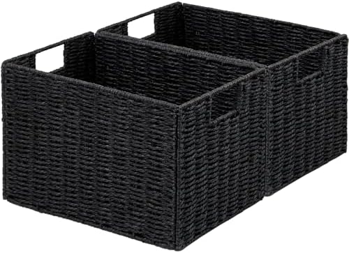 Vagusicc Wicker Storage Basket, Set of 2 Hand-Woven Paper Rope Wicker Basket, Small Storage Baskets for Organizing Toilet Paper Basket, Foldable Large Cube Storage Organizer Bins for Shelves (Black)