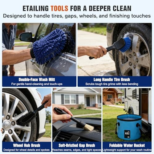 Up to 26FT Reach 20FT Car Wash Brush Kit with Long Handle, 8 Attachments, 180° Rotating Mop & Foldable Bucket, Scratch-Free Soft & Hard Brushes for Cars, Trucks, SUVs & RVs