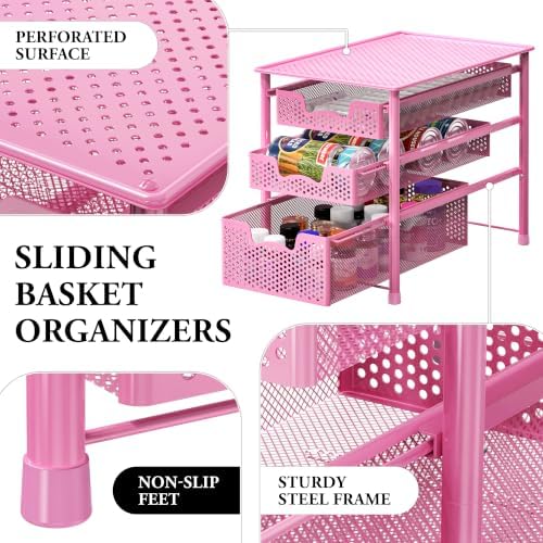 Simple Houseware Stackable 3 Tier Sliding Basket Organizer Drawer, Pink