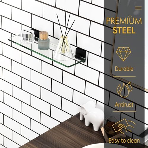 KOKOSIRI Bathroom Glass Shelf 16-Inch Tempered Glass Floating Shelves Shower Storage Kitchen Hanging Rack Wall Mount, Black Stainless Steel B1107BK-L16