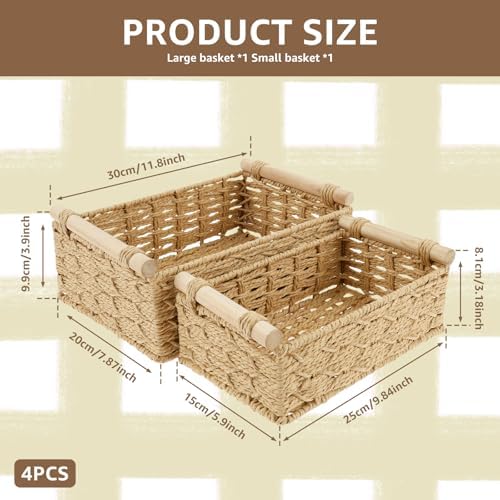 4Pcs Bathroom Basket Organizer,Toilet Basket Tank Topper with Wood Handle Decorative Toilet Tank Bin,Back of Toilet Organizer,Decorative Paper Rope Basket for Home Bedroom Living Room Bathroom ﻿
