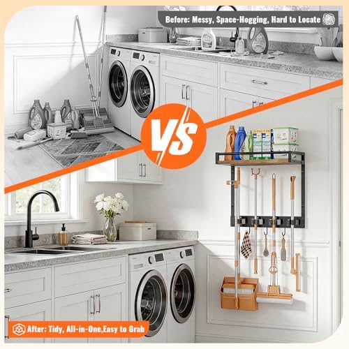 Broom Holder Wall Mount with Shelf, 15.7" Wx6.7 Dx15.7 H, 1 Pack