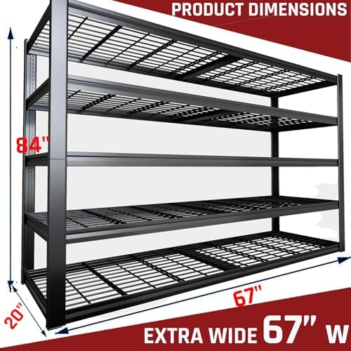 68" W Garage Shelving Heavy Duty, 5 Tier Garage Shelves, Adjustable Storage Shelving Unit, Commercial Metal Shelf for Warehouse, Pantry, School, Shop, 68" Wx20 Dx84 H