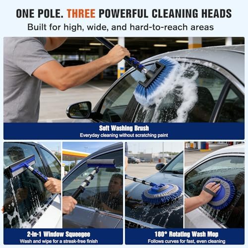 Up to 26FT Reach 20FT Car Wash Brush Kit with Long Handle, 8 Attachments, 180° Rotating Mop & Foldable Bucket, Scratch-Free Soft & Hard Brushes for Cars, Trucks, SUVs & RVs