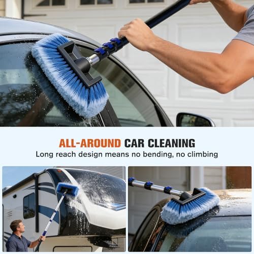 Up to 26FT Reach 20FT Car Wash Brush Kit with Long Handle, 8 Attachments, 180° Rotating Mop & Foldable Bucket, Scratch-Free Soft & Hard Brushes for Cars, Trucks, SUVs & RVs