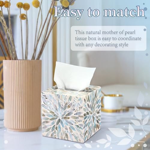 Reallnaive 5.9 Inch Cube Mother of Pearl Tissue Box Cover Ceramic Decorative Tissue Box Holder, Square Napkin Holder Rustic Napkin Dispenser Organizer for Table Bathroom Office(Ivory Teal Floral)