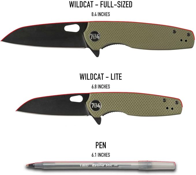 704 Gear Wildcat Lite EDC Folding Pocket Knife | Compact Size D2 Wharncliffe Blade with Thumbhole Cutout | Black