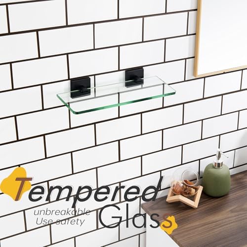 KOKOSIRI Glass Shelf Floating Bathroom Shelves 12-Inch Tempered Glass Rack for Shower Storage Wall Mount, 2 Pack Black Stainless Steel B1107BK-L12-P2