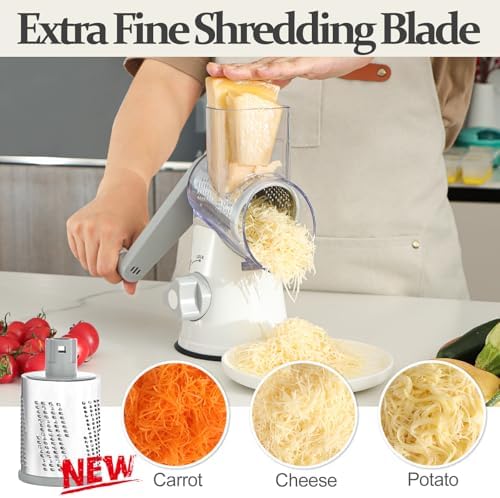Cambom Rotary Cheese Grater Hand Crank Cheese Shredder for Fresh Cheese, Vegetable, Nuts,Non-slip Suction Base, Five Blades, White