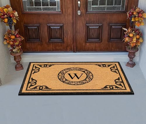 A1HC Natural Coir Monogrammed Doormat for Outside Entrance, Anti-Shed Treated Mats, Heavy Duty Durable EntryMat, Easy to Clean Front Door Mat - W, 30" X 48"