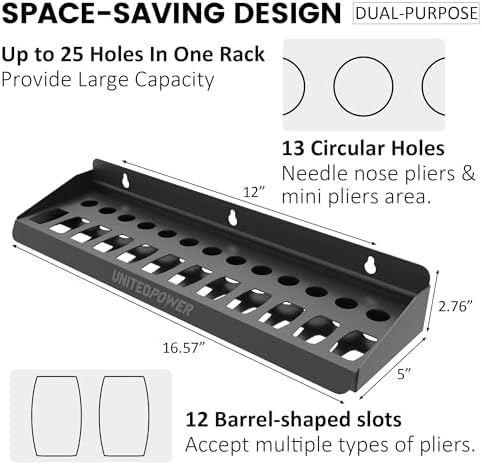 UNITEDPOWER Pliers Holder, Wall Mount Storage Rack Organizer for Workshop, Shed, Garage, Home, Stores up to 12 Pliers or Small Tools