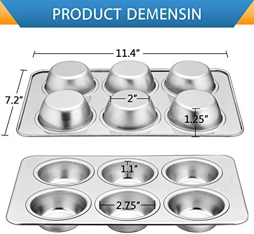 E-far Muffin Pan Set of 3, Stainless Steel Muffin Pan Tin for Baking, 6-Cup Metal Cupcake Pan Tray, Non-toxic & Healthy, Oven & Dishwasher Safe, Regular Size - 11.44 x 7.12 x 1.25 inch