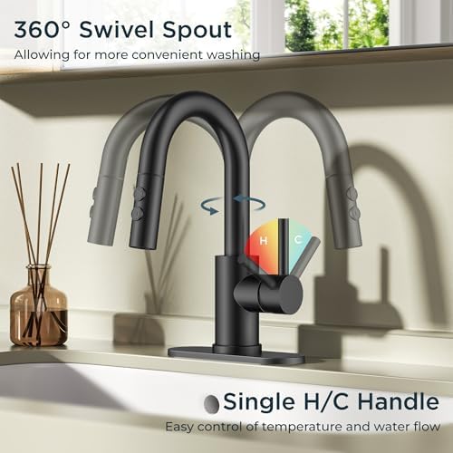 FORIOUS Bathroom Faucet 1 Hole Single Handle with Pull Down Sprayer Black