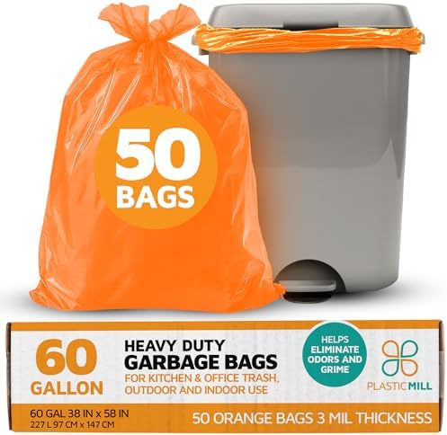 PlasticMill Heavy Duty Trash Bags, 50-60 Gallon, 3 Mil, Black, 50-Count