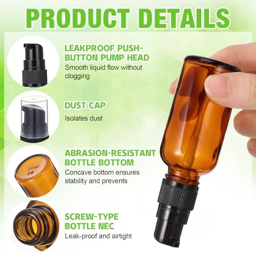 50 Pcs 30ml Empty Refillable Amber Glass Pump Bottles with Clear Top, 6 Funnel, 6 Droppers, Travel Size Cosmetic Dispenser for Cream, Lotion, Sample, Liquids Aromatherapy