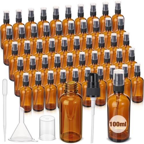 50 Pcs 100ml Empty Refillable Amber Glass Pump Bottles with Clear Top, 6 Funnel, 6 Droppers, Travel Size Cosmetic Dispenser for Cream, Lotion, Sample, Liquids Aromatherapy