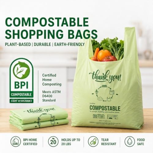 OrangeBio Large Compostable Shopping Bags, 12" x 6" x 20", 500 Count