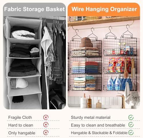 Sonyabecca 3-Tier Closet Organizers and Storage, Foldable Stackable Wire Basket Bins with 5 S Hooks, Space-Saving Hanging Closet Shelf for Clothing, Sweaters, Handbags, Hats,Purse