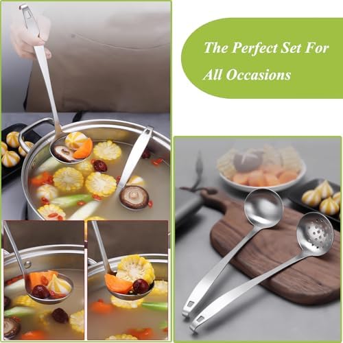 Stainless Steel Soup Ladle,Serving Ladle Scoop And Slotted Spoon Set Of 2 with Hook and Hole for Easy Hanging,Cooking Utensils Set for Kitchen