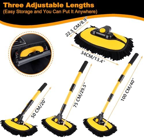 ASelected 15° Curved Car Cleaning Brush with Telescopic Handle,Microfiber Mop with Mittens Telescoping Long Handle Wash Mop for Car,Truck and Home Cleaning,Car Wash Mop with Curved Design Long Handle