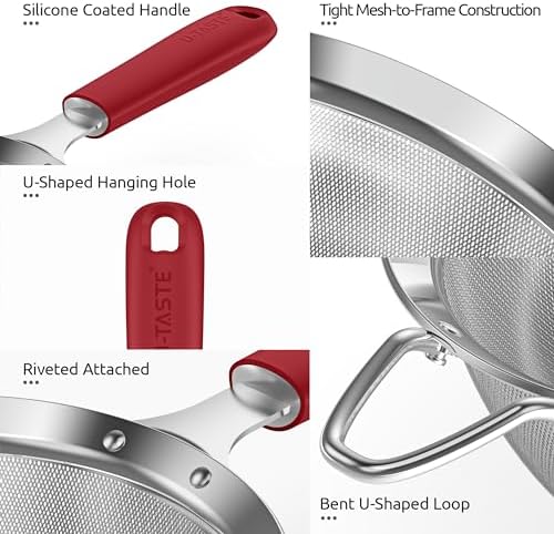 U-Taste Fine Mesh Strainer, 18/8 Stainless Steel Sieve 30 Mesh, M/Red
