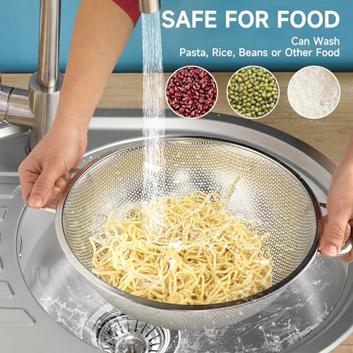 2PCS Colander for Kitchen, 3QT and 5QT, Stainless Steel Colander Strainer with Handle for Fruits Vegetables Cooking Food, Dishwasher Safe