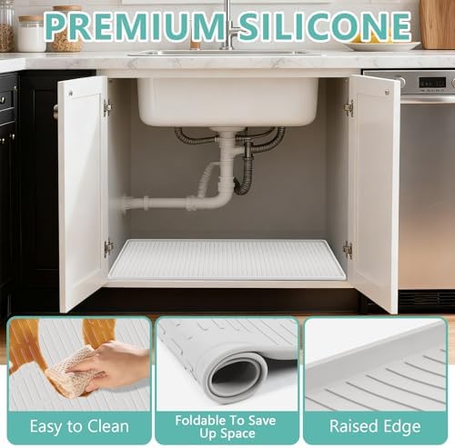 24" x 24" Under Sink Mat for Kitchen Waterproof Raised Edge White