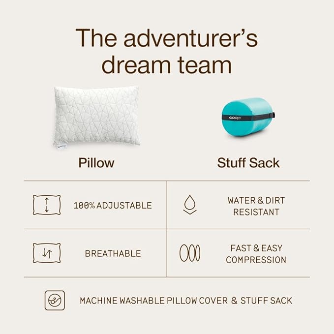 Coop Home Goods Original Adjustable Travel Pillow and Waterproof Pillow Protector Grey Bundle with Compressible Stuff Sack, Medium-Firm Memory Foam and Washable Cover, CertiPUR-US Certified (19x13)