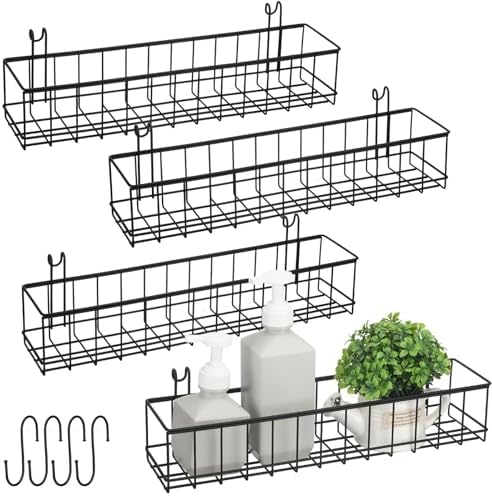 Black 4 Pack Grid Wall Hanging Baskets with 16 S Hooks, 15.8 x 3.9 x 3.2 Inch Metal Wire Wall Mount Storage Baskets for Grid Panels, Retail Display, Kitchen, Bathroom