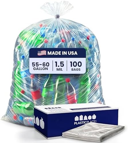 Plasticplace 55-60 gallon Trash Bags │ 1.5 Mil │ Clear Heavy Duty Garbage Can Liners │ 36” x 58” (100 Count)