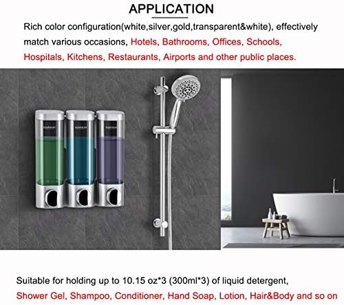 Triple Soap Dispenser Plastic Wall Mount Manual Liquid 3x300ml Shampoo dispensers with Lock for Bathroom (Silver Grey)
