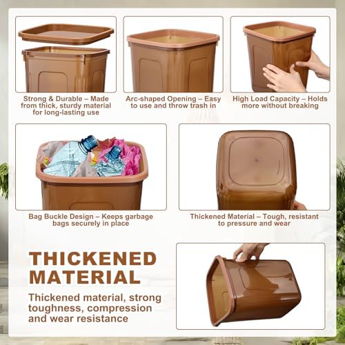 36 Pack Small Square Trash Cans Bulk, 2.6 Gallon Translucent Brown Wastebaskets with Bag Securing Ring, Thickened Corner Garbage Bin for Hotel Room, Office, Cabin and Bathroom