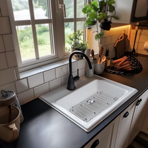 Metal Sink Grate Protector for Kitchen, Stainless Steel Sink Bottom Grid 27-9/16" X 14-9/16",Large Kitchen Sink Protector with Rear Drain Hole, Kitchen Sink Rack with Strainer for Single Bowl