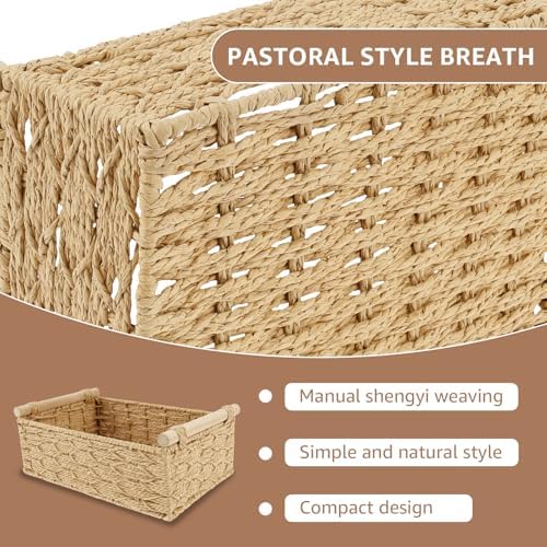 4Pcs Bathroom Basket Organizer,Toilet Basket Tank Topper with Wood Handle Decorative Toilet Tank Bin,Back of Toilet Organizer,Decorative Paper Rope Basket for Home Bedroom Living Room Bathroom ﻿