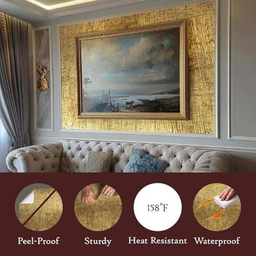 Very Berry Sticker Yellow Gold Peel and Stick Wallpaper (24" x 118") Metallic Contact Paper for Luxury Home Decor Furniture & Walls, Renter Friendly, Self-Adhesive, Waterproof Vinyl