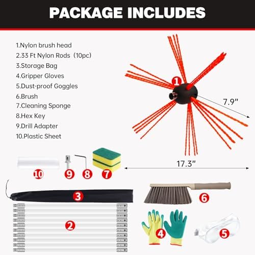 33 Feet Chimney Sweep Kit, Chrome Button Locking System, Chimney Cleaning Kit, Chimney Brush, Chimney Cleaning System with 10 Flexible Chimney Rods