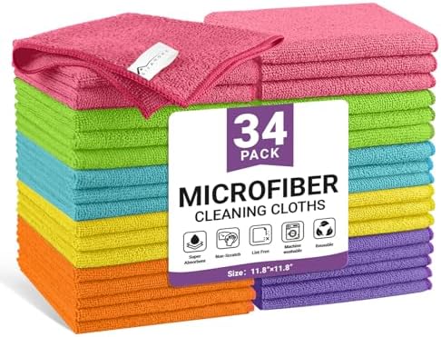 34 Pack Microfiber Cleaning Cloth, 6 Assorted Colors Cleaning Rags for Housekeeping, Colorful Reusable Microfiber Towels for Car, Kitchen, Bathroom and Household Cleaning Supplies, 11.8"X11.8"